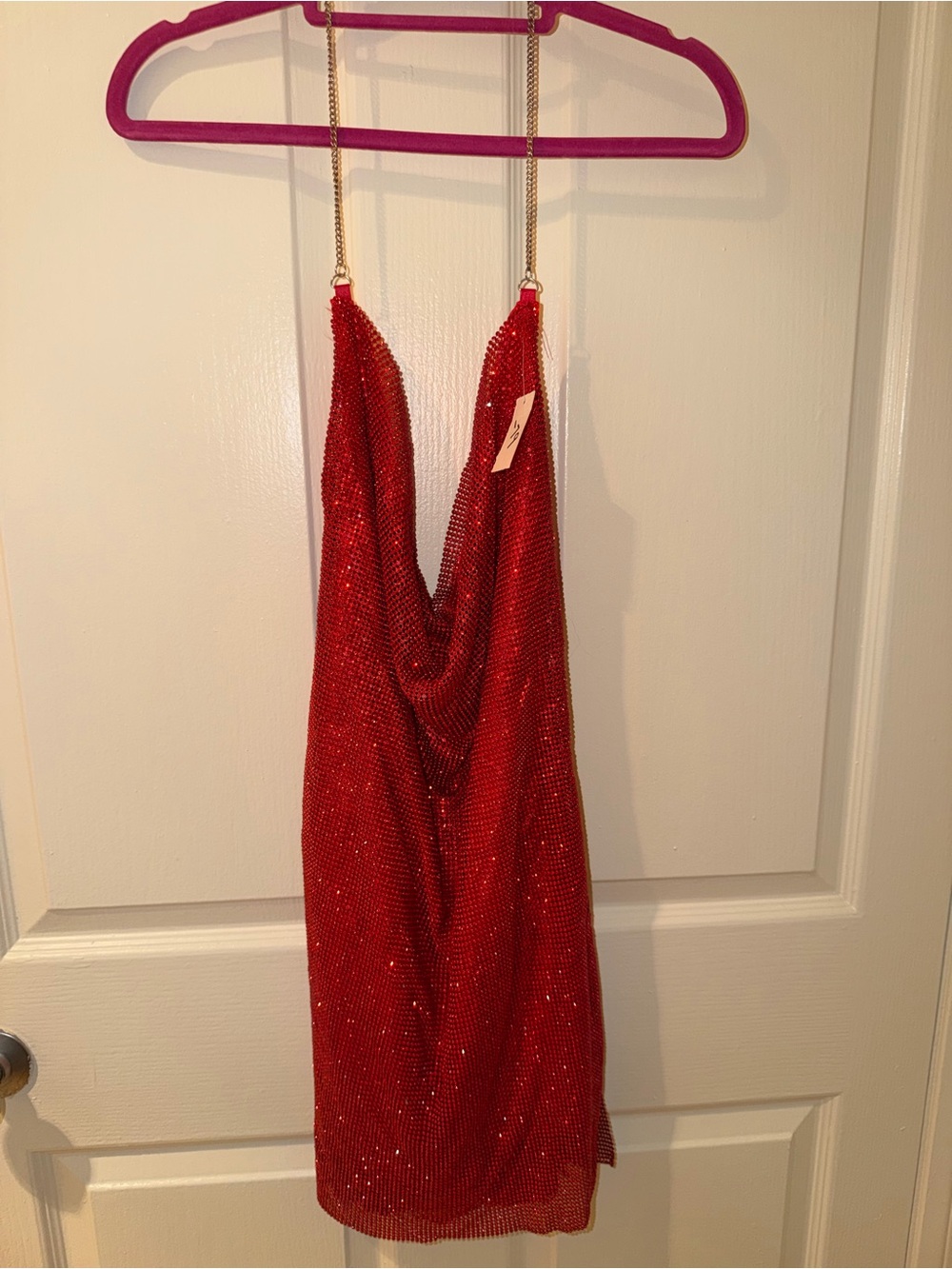 Red Sequin Cowl Neck Mini Dress with Chain Straps